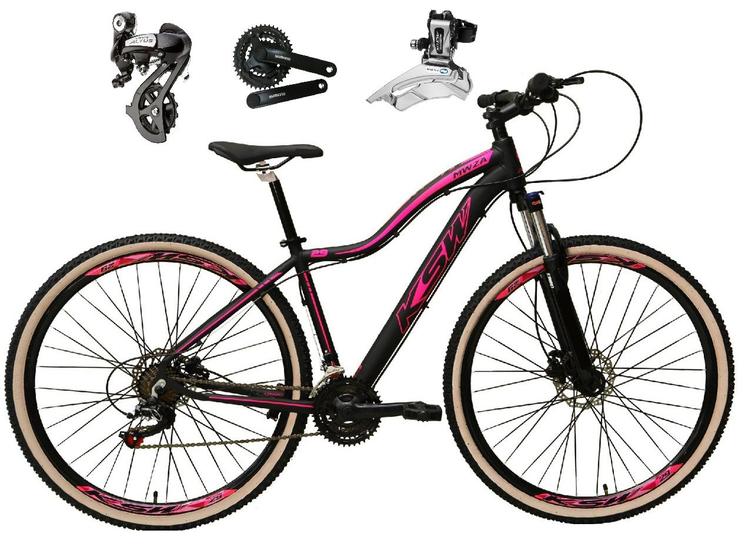 Imagem de Bicicleta aro 29 Ksw Mwza Shimano Altus 24V Freio a Disco Hidráulico Garfo com Trava com Pneu Faixa Bege - Preto/Rosa