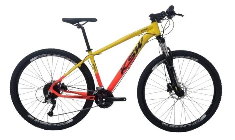 Imagem de Bicicleta Aro 29 Ksw Xlt 24v K7 Câmbios Shimano Freio Hidráulico Garfo com Trava - Amarelo/Laranja