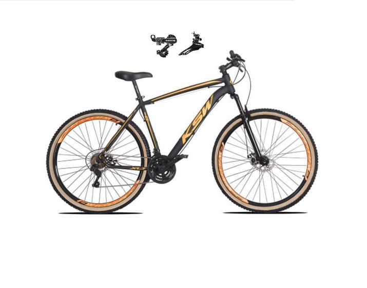 Imagem de Bicicleta Aro 29 Ksw Xlt Alumínio 24v Câmbios Shimano Garfo Suspensão Pneu com Faixa Bege - Preto/Laranja