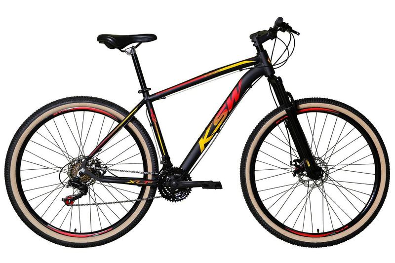 Imagem de Bicicleta Aro 29 Ksw Xlt Alumínio 27v Freio a Disco Mecânico Garfo com Suspensão Pneu com Faixa Bege - Preto/Vermelho/Amarelo