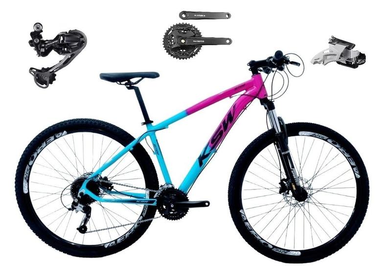 Imagem de Bicicleta Aro 29 Ksw Xlt Alumínio Câmbio Traseiro Shimano Deore e Altus 27v Freio Hidráulico Garfo Com Trava - Rosa/Azul