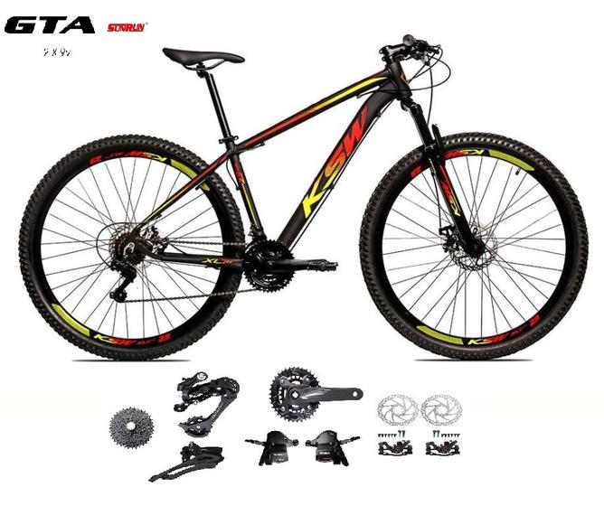 Imagem de Bicicleta Aro 29 KSW XLT Kit 2x9 Gta Sunrun Freio Disco K7 11/36 Pedivela 24/38d Garfo com Trava - Preto/Vermelho/Amarelo