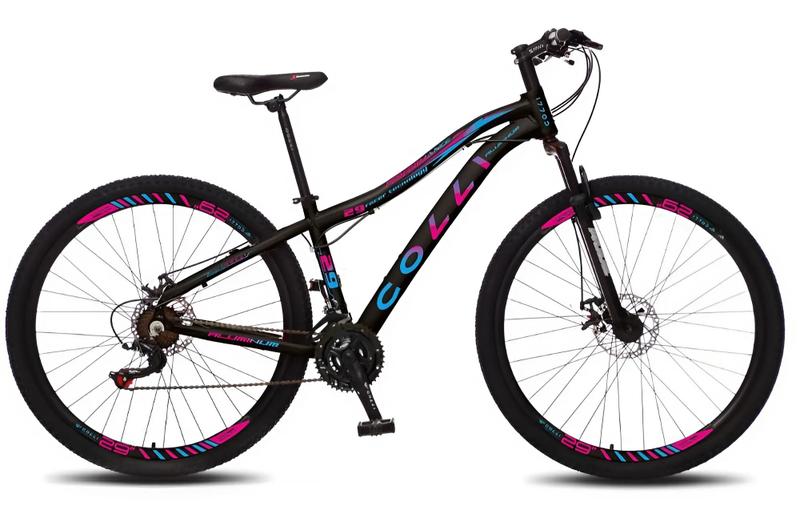 Imagem de Bicicleta Colli Alumínio Urbana Trilha 21 Marchas Aro 29 Aero Suspensão Dianteira Preto Rosa Azul