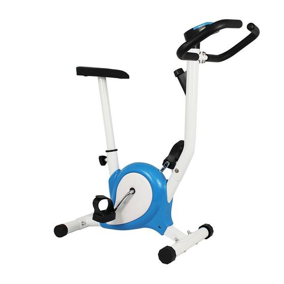 Imagem de Bicicleta Ergométrica Mile Fitness Residencial 21 velocidades Compacta Branca e Azul Monitor com Funções