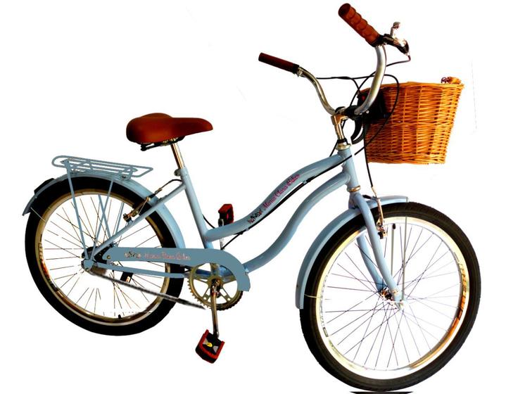 Imagem de Bicicleta feminina aro 24 retrô sem marchas com vime azul bb