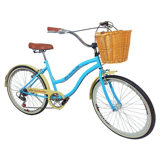 Imagem de Bicicleta Feminina Aro 26 Adulto Retrô Cesta Vime Azul BB