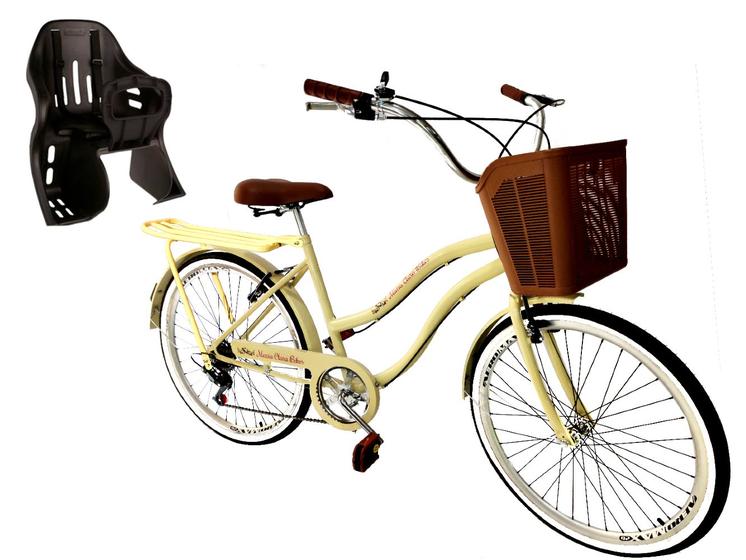 Imagem de Bicicleta feminina aro 26 retrô 6 marchas cesta cadeirinha
