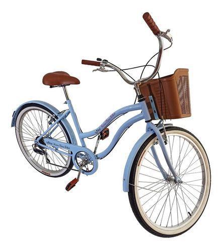 Imagem de Bicicleta Feminina Aro 26 Retrô 6v Com Cestinha Azul BB