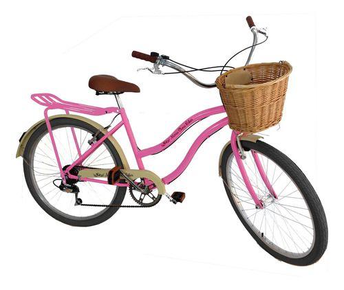 Imagem de Bicicleta Feminina Aro 26 Retrô 6v Vime Bagageiro Rosa