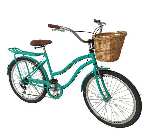 Imagem de Bicicleta Feminina Aro 26 Retrô 6v Vime Bagageiro Verde