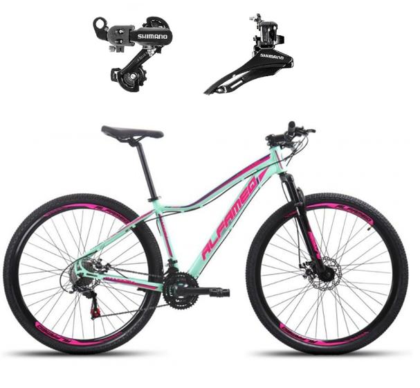 Imagem de Bicicleta Feminina aro 29 Alfameq Pandora Alumínio 21 Marchas Câmbios Shimano Freio a Disco - Verde/Rosa