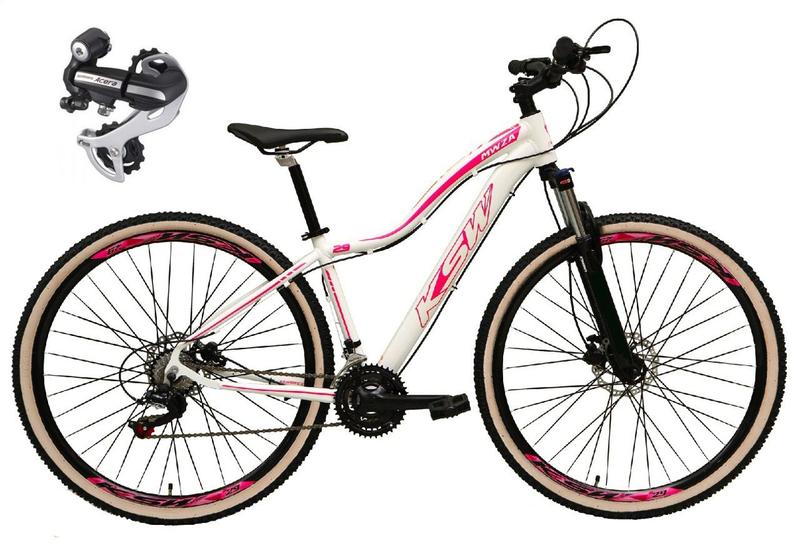 Imagem de Bicicleta Feminina Aro 29 Ksw Mwza 24v Câmbio Shimano Acera K7 Garfo Trava Freio a Disco Pneu com Faixa Bege - Branco/Rosa
