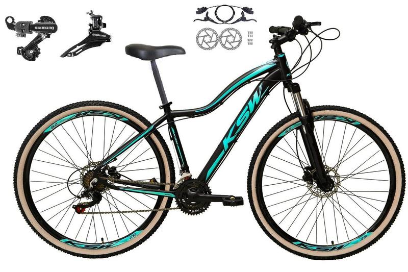 Imagem de Bicicleta Feminina aro 29 Ksw Mwza 24v Câmbios Shimano Freios Hidráulicos Garfo com Suspensão Pneu Faixa Bege - Preto/Azul