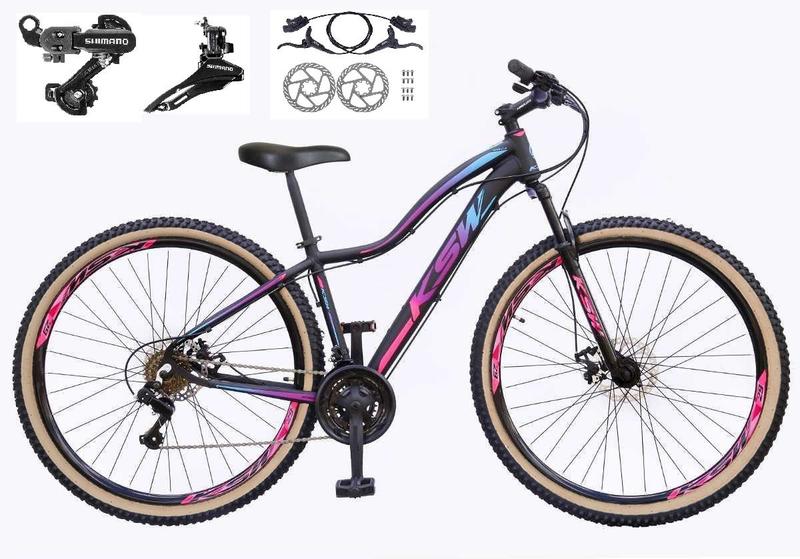 Imagem de Bicicleta Feminina aro 29 Ksw Mwza 24v Câmbios Shimano Freios Hidráulicos Garfo com Suspensão Pneu Faixa Bege - Preto/Pink/Azul