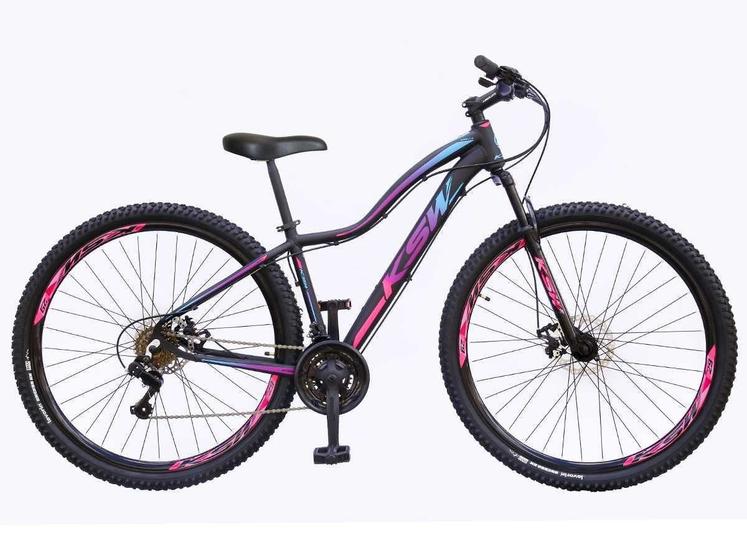 Imagem de Bicicleta Feminina Aro 29 Ksw Mwza 24v Freio a Disco Garfo Com Suspensão Mtb 29 Alumínio - Preto/Pink/Azul