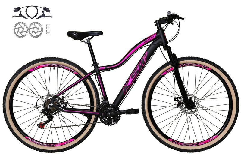 Imagem de Bicicleta Feminina Aro 29 Ksw Mwza 24v Freios a Disco Hidráulicos Garfo Suspensão Pneu com Faixa Bege - Preto/Rosa