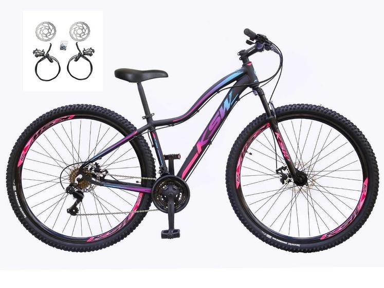 Imagem de Bicicleta Feminina Aro 29 Ksw Mwza 24v Freios a Disco Hidráulicos Garfo Suspensão - Preto/Pink/Azul