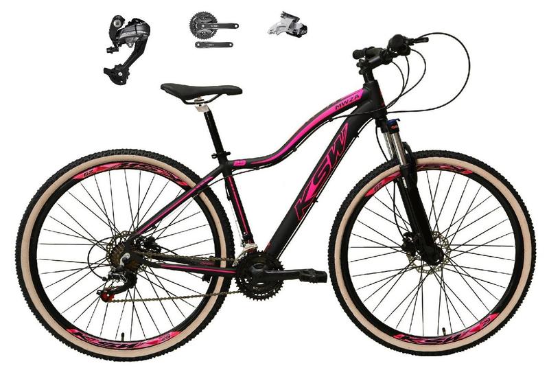 Imagem de Bicicleta Feminina Aro 29 Ksw Mwza 27v Câmbios Shimano Altus Freios Hidráulicos Garfo Com Trava Pneu Bege - Preto/Rosa