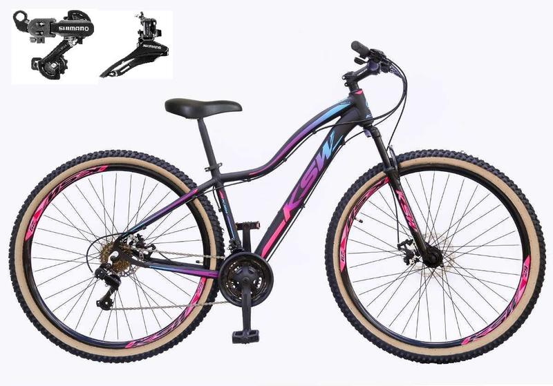 Imagem de Bicicleta Feminina Aro 29 Ksw Mwza Alumínio 24v Câmbios Shimano Freio a Disco Garfo Suspensão - Preto/Pink/Azul