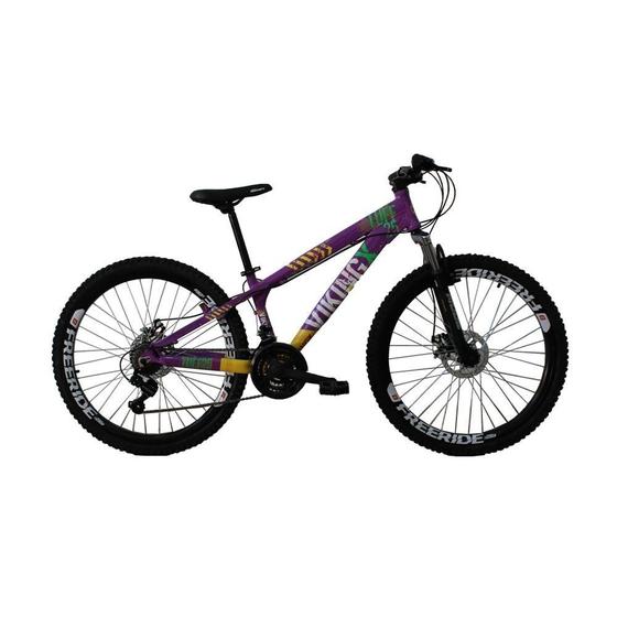 Imagem de Bicicleta Freeride Aro 26 Freio a Disco 21 Vel. VikingX Lilas Amarelo