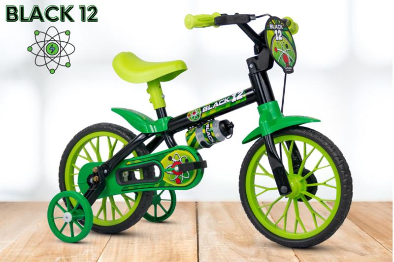 Bicicleta Infantil Aro 12 Nathor Black 12 (SKU: 944_46) Preto e Verde com Rodinhas Menor preço em Bicicleta Infantil Aro 12 Nathor Black 12 (SKU: 944_46) Preto e Verde com Rodinhas