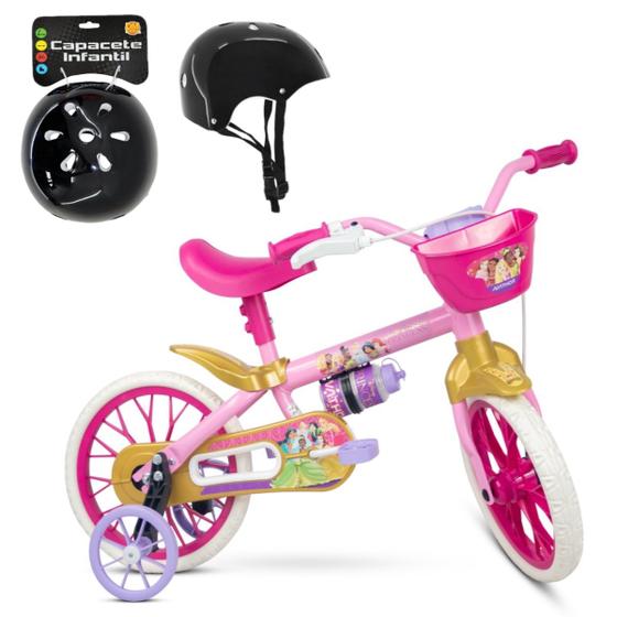 Imagem de Bicicleta Infantil Aro 12 Rodinha Garrafa Princesas Capacete