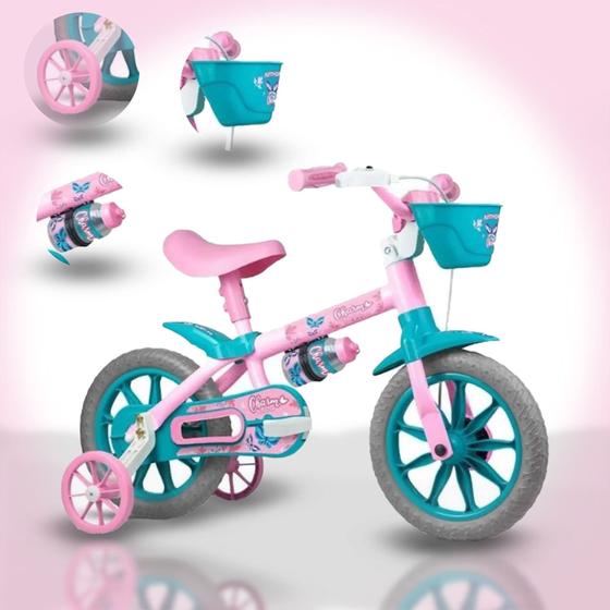 Imagem de Bicicleta Infantil Fem. - CHARM - Aro 12 - NATHOR + 3 Anos - Rosa/Azul C/Rodinhas de Segurança e Garrafinha de Água