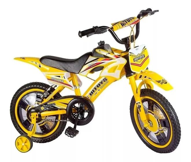 Bicicleta infantil moto cross aro 14 bike c/ rodinha amarela Menor preço em Bicicleta infantil moto cross aro 14 bike c/ rodinha amarela