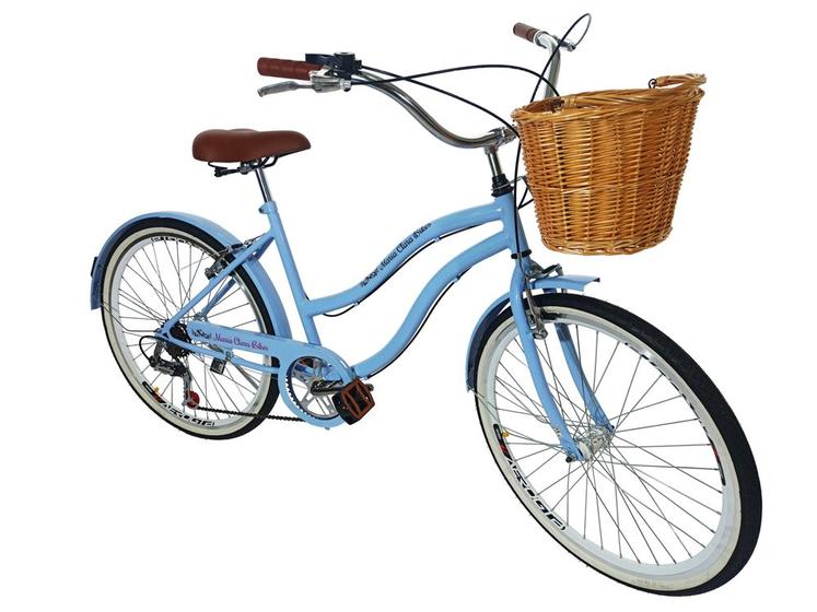 Imagem de Bicicleta Retrô Aro 26 Vintage Cesta Vime Azul BB Claro