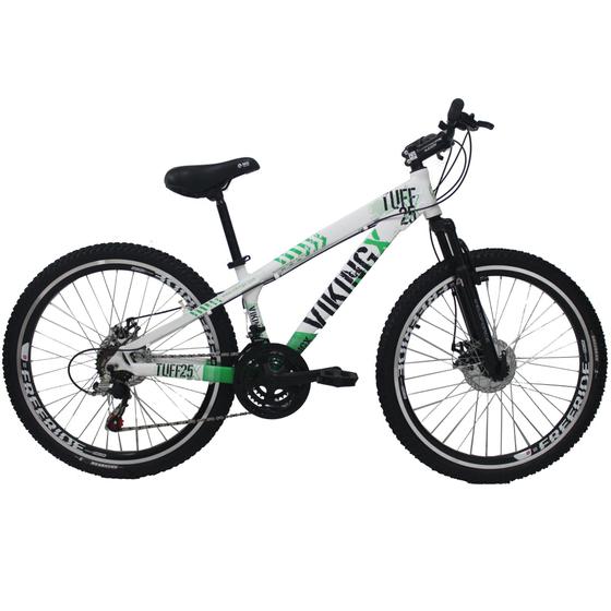 Imagem de Bicicleta Viking X TUFF25  Freeride Aro 26 Freio a Disco 21 Velocidades Cambios Shimano Branco Verde Vikingx