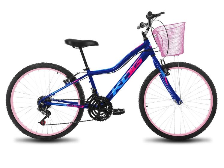 Imagem de Bike Infantil Feminina Aro 24 KOG Alumínio 18V Azul Signos e Rosa