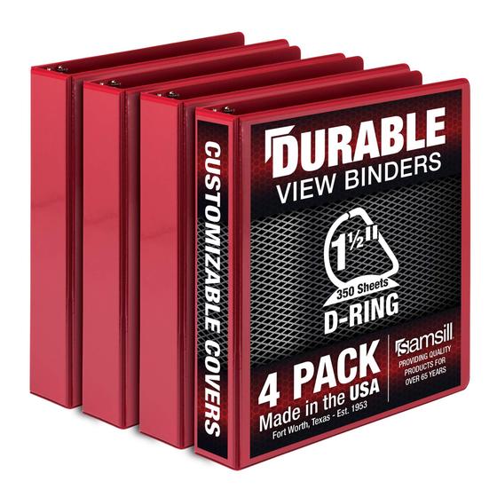 Imagem de Binder Samsill Durable D Ring de 1,5 polegadas vermelho, pacote com 4, 350 páginas