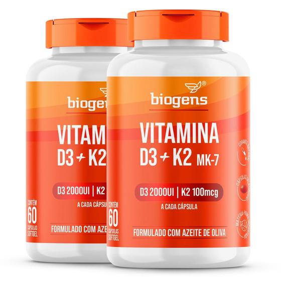 Biogens kit 2x vitamina d3 2000ui + k2 mk7 100mcg azeite oliva 60 caps Menor preço em Biogens kit 2x vitamina d3 2000ui + k2 mk7 100mcg azeite oliva 60 caps