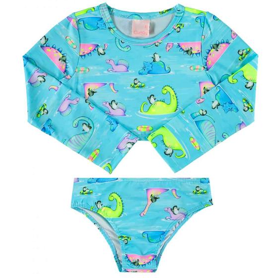 Imagem de Biquíni Cropped Infantil com Proteção UV Azul Dinossauro Quimby