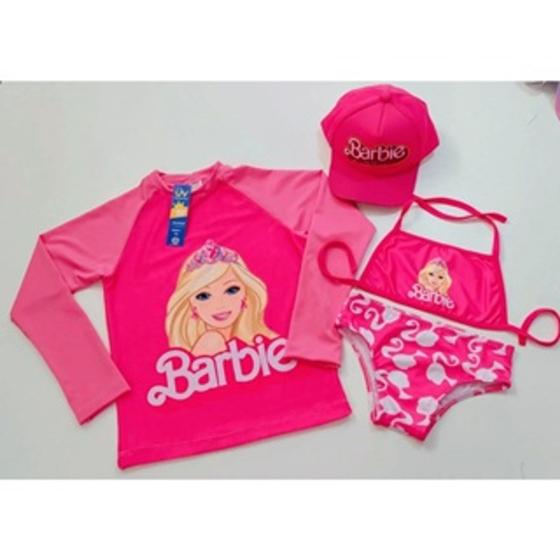 Imagem de Biquini infantil + Camisa UV + Boné - Proteção Solar UV 50 - Conjunto UV para meninas Barbie - Praia