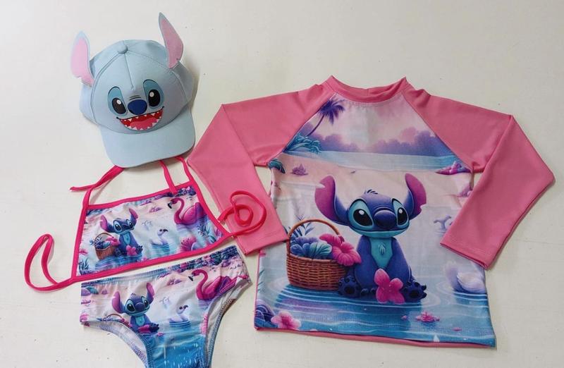 Imagem de Biquini infantil + Camisa UV + Boné - Proteção Solar UV 50 - Conjunto UV para meninas Stitch - Praia