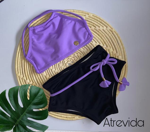 Imagem de biquini infantil cropped  lilas e cacinha com cinto preta UV 2024