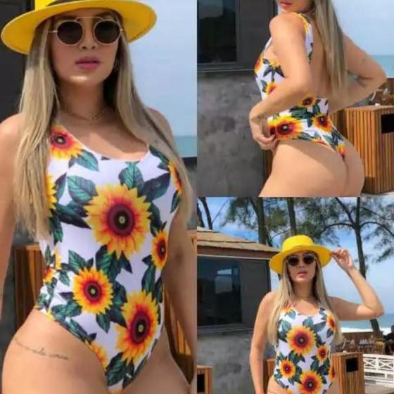 Imagem de Biquini maio feminino praia bojo branco body girassol branco