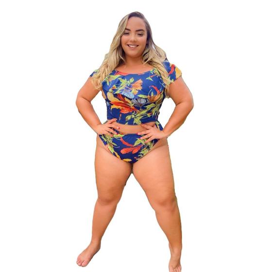 Imagem de Biquini Plus Size Blusinha Com Forro Estampa Azul Floral Verão