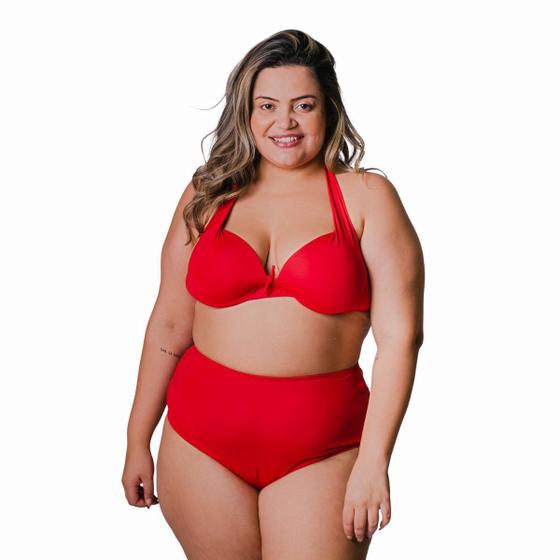 Imagem de Biquini Plus Size Hot Pants Cintura Alta Bojo Fixo Meia Taca Vermelho