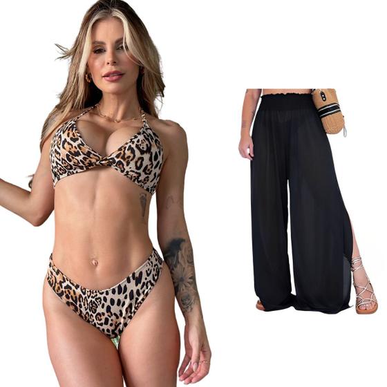 Imagem de Biquini + Saída De Praia Calça Tule Moda Praia Kit Conjunto