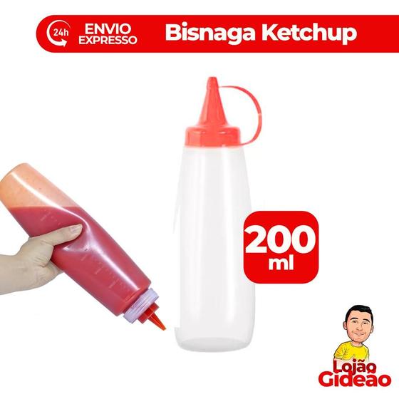 Imagem de Bisnaga de Ketchup Pote Molho Vermelho Bico 200 ml Com Tampa P/ Lanchonete Restaurante
