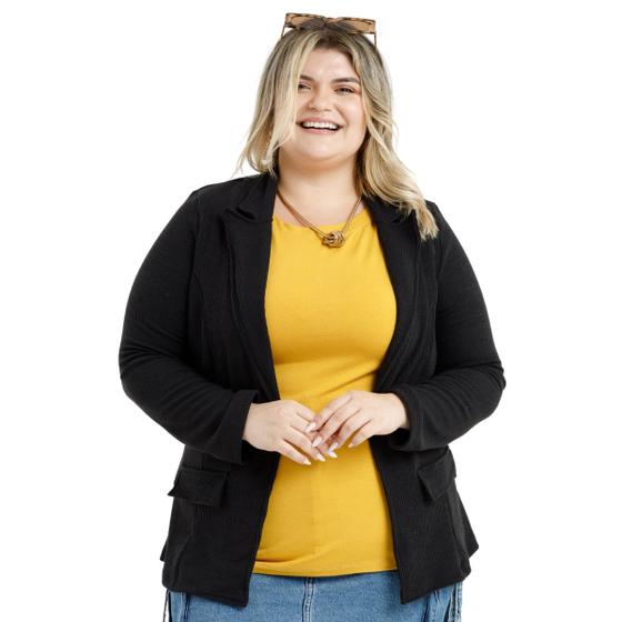 Imagem de Blazer Canelado Feminino Com Abertura Frontal Sem Ziper e Bolsos Falsos Plus Size10425A