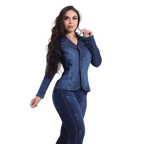 Imagem de Blazer Feminino Jeans Com Licra Slim Azul Escuro 1