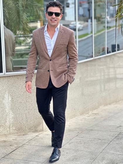 Imagem de Blazer masculino super slim marrom xadrez aveludado