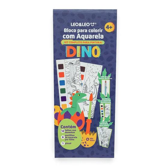 Imagem de Bloco De Colorir Com Aquarela Leo&Leo Dino - Kit Completo Para Pintura