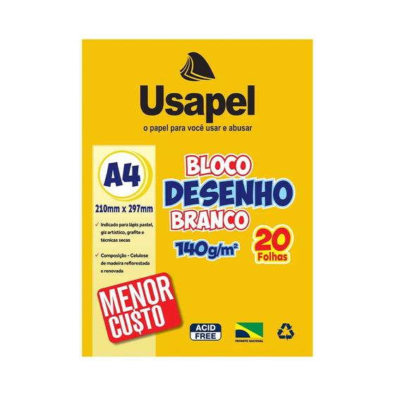 Imagem de Bloco de Desenho Usapel A4 com 20 Folhas Branco 210x297mm 140g