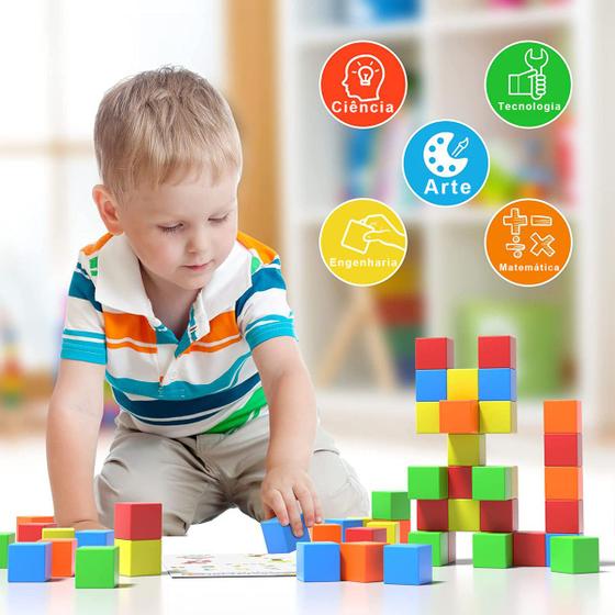 Imagem de Bloco de Montar Magnético Infantil 48 Peças Brinquedo Educativo Didático Pedagógico Criativo Coloridas Brastoy Com Bolsa de Armazenamento