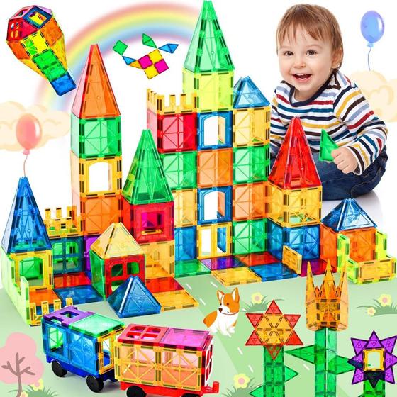 Imagem de Bloco de Montar Magnético Infantil Brinquedo Educativo Kit Criativo 65 ou 130 Peças Grandes Encaixe Imã
