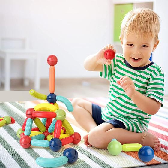 Imagem de Bloco de Montar Magnético Infantil Brinquedo Educativo Kit Criativo Peças Grandes Encaixe Imã 64 ou 120 Peças com Bolsa de Armazenamento